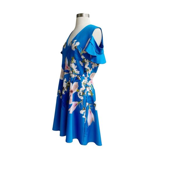 Ted Baker Dress 4 Blue Floral Skater Ambre Harmony Cold Shoulder Flutter Sleeve - Picture 4 of 9